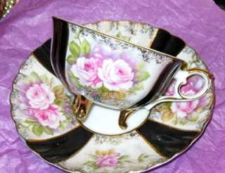 JAPAN 3 FOOTED LAVENDER ROSES BLACK TEA CUP AND SAUCER Lefton China 