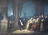 19th century painting depicting Galileo Galilei displaying his 