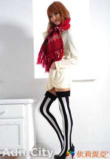   slim looking opaque vertical stripes thigh high stockings black/white