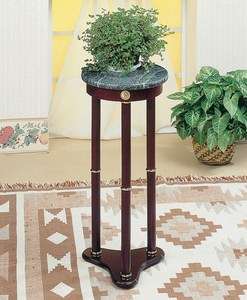 Traditional Cherry Finished Plant Stand with Round Green Marble Top 