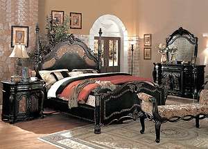 4Pc Traditional Victorian Black Queen Poster Bed Bedroom Set Furniture 