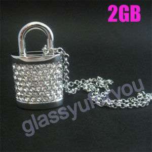 2GB USB Silver Crystal Lock Necklace Flash Drive  