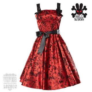 New HELL BUNNY Red Tattoo 50S Party/Prom Rockabilly Dress Sizes 6 