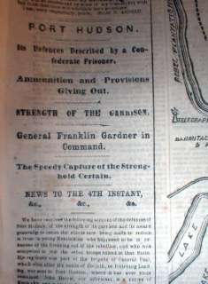 1863 Civil War newspaper w Map PORT HUDSON SIEGE Louisiana   HUGE 