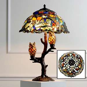 Tiffany Style Dream Catcher with Illuminated Owl Table Lamp 