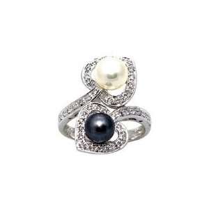   White Gold Diamond Ring With Black and White Cultured Pearls Size 6.5