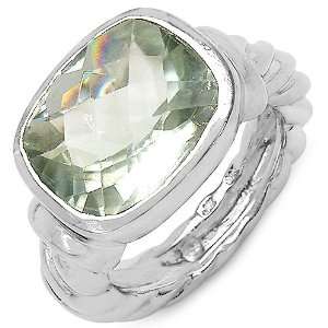   Cut Green Amethyst Gemstone Rhodium Plated Sterling Silver Ring Size 7