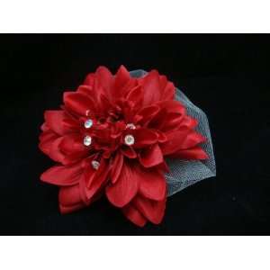  Red Dahlia with Veil and Crystals Hair Flower Clip and Pin 