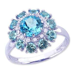 14K White Gold Floral Burst Gemstone and Diamond Ring Swiss Blue Topaz 