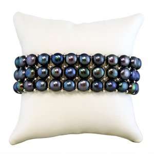   Pearl and Sterling Silver Bead Three Row Stretch Bracelet in Gift Box