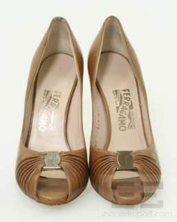 Salvatore Ferragamo Tan Leather Ruched Peep Toe Heels Size 8B  