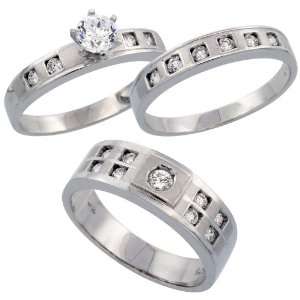 925 Sterling Silver 3 Piece Trio His (7mm) & Hers (4mm) CZ Wedding 