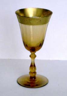 Wine Glass Goblet Amber Spindle Stem Gold Trim Depression  