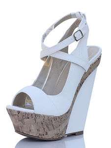White Faux Leather Ankle Strap Platform Wood Print Wedge Peace 3 