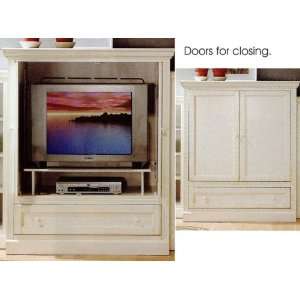  White TV Armoire Stand with Wood Planked Country Look 