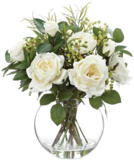 Artificial White Rose Flower Arrangement Glass Vase  