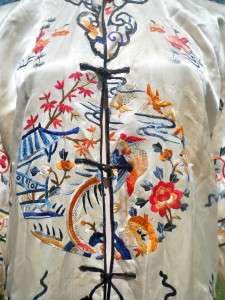 30s 40s ORIENTAL SILK EMBROIDERED TOPPER BIRDS & GOLD FISH  