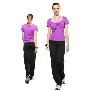 Purple Rouch Sports Shelf Bra Short Sleeve Top/Black Straigh Leg Pants
