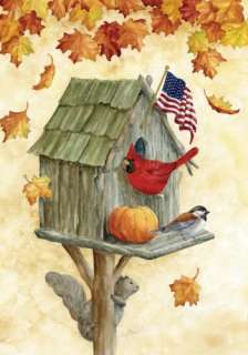 Fall Rustic Birdhouse Cardinal Patriotic Lg Toland Flag  
