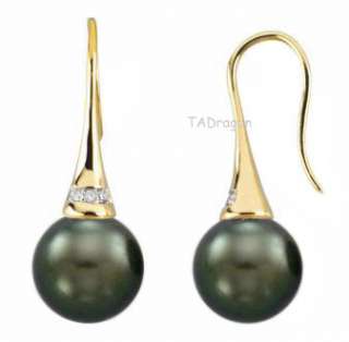 5mm Tahitian Black Pearl 14K Gold Diamond Hook Earrings  