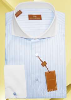   15.5 32/33 White Collar Cuff Blue Pinstripe Mens Dress Shirt  