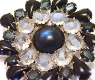 Vintage Huge Brooch Pin Sapphire Blue Givré Rhinestone Glass Cabochon 