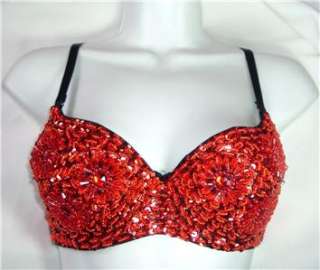 RED RHINESTONE SEQUIN BRA 36 DANCE WEAR  