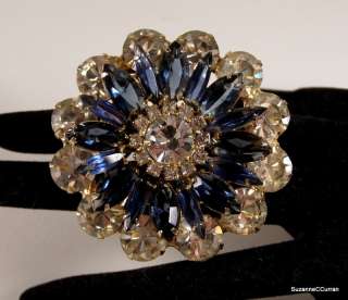   Vintage Crystal & Sapphire Blue Rhinestone Flower Brooch Pin  
