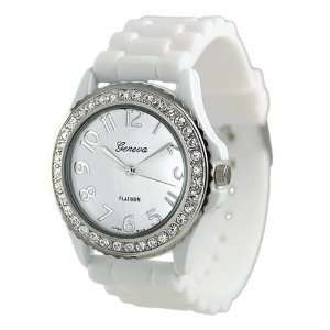   Platinum CZ Accented Silicon Link Watch, Large Face Geneva Watches