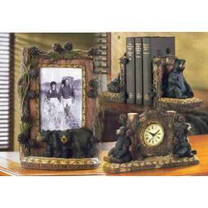  Black Bears Theme Picture Frame, Bookends and Clock 3 Pc 
