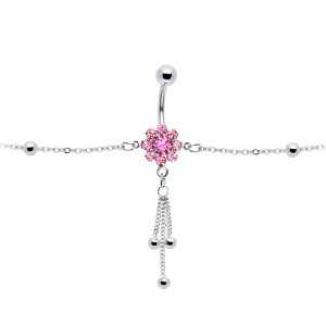  Pink Jeweled Flower Dangle Belly Chain Jewelry