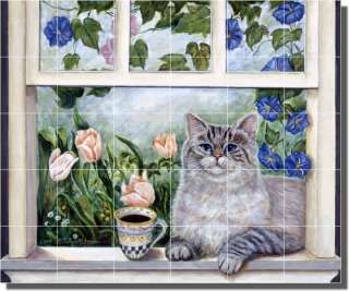 Paterson Cat Animal Window Flowers Ceramic Tile Mural  