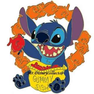 Disney Jumbo Pin DS Candy Series Stitch Sitting with bag of Gummy Fish 