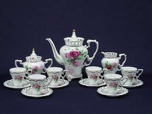 Espresso Coffee Tea Set for 6 with golden floral design and heart 