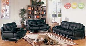 Modern Black Bonded Leather Living Room Furniture Set Sofa & Love Seat 