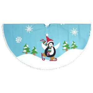    Penguin Ice Skating Light Blue Christmas Tree Skirt