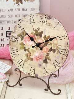   Cottage Chic French Style Desktop Clock with Pink Roses Desk Romantic