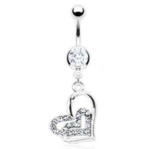 Dangling Loop Heart Belly Button Navel Ring Dangle with Clear Gems and 