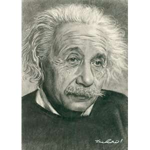 Albert Einstein Portrait Charcoal Drawing Matted 16 X 20