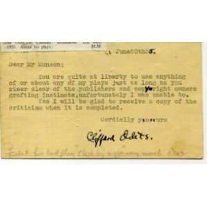  Clifford Odets Playwright Author Signed Autograph Note 