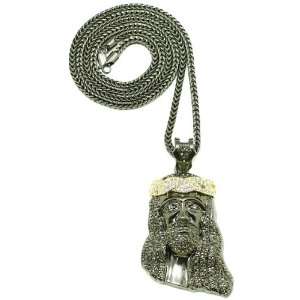 Crowned Jesus Large Gun Metal/ Gold & Silver Iced Out Pendant 36 Inch 