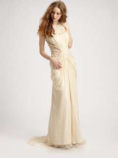 Embroidered bodice and back Pleated chiffon front Pleated back Back 