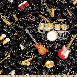  45 Wide Rock On Instruments Black Fabric By The Yard 