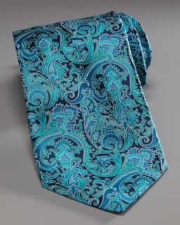 Paisley Silk Tie, Aqua/Black