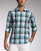 zoom lacoste slim fit plaid sport shirt capri blue nms12