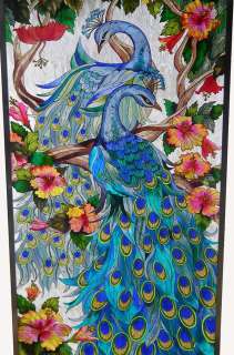 SPECTACULAR *2 PEACOCK * STAINED GLASS WINDOW PANEL  