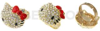 Cute Hello Kitty Gold Adjustable Ring RED BOW with Lovely Swarovski 