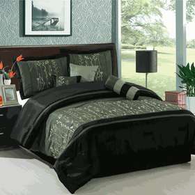   7PC Luxury Comforter Set / Black, Green & Sage / Queen or King  
