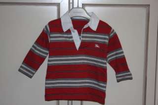 EUC Burberry Red/Tan Striped Rugby Shirt 12 Months 12M  
