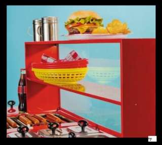 Durable, enameled steel unit with hot dog roller and 2 large steaming 